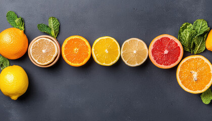 A vibrant arrangement of citrus fruits, including oranges, lemons, and grapefruits, garnished with fresh mint leaves on a dark surface.