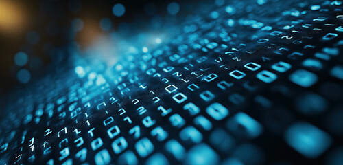 A vibrant digital landscape featuring flowing binary code, symbolizing data processing and the essence of technology.