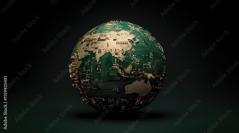 Poster Digital Globe with Circuit Board Design Representing Global Connectivity and Technology Integration in Modern World