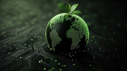 Sustainable Technology Concept with Globe and Green Plant Representing Environmental Conservation and Digital Innovation in a Eco-Friendly World