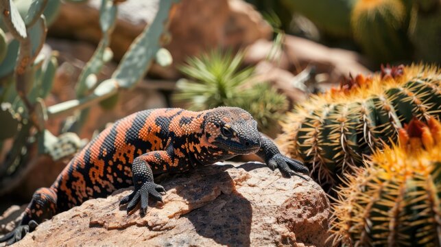 Gila monster lizard crawls on rock near cactus plants.