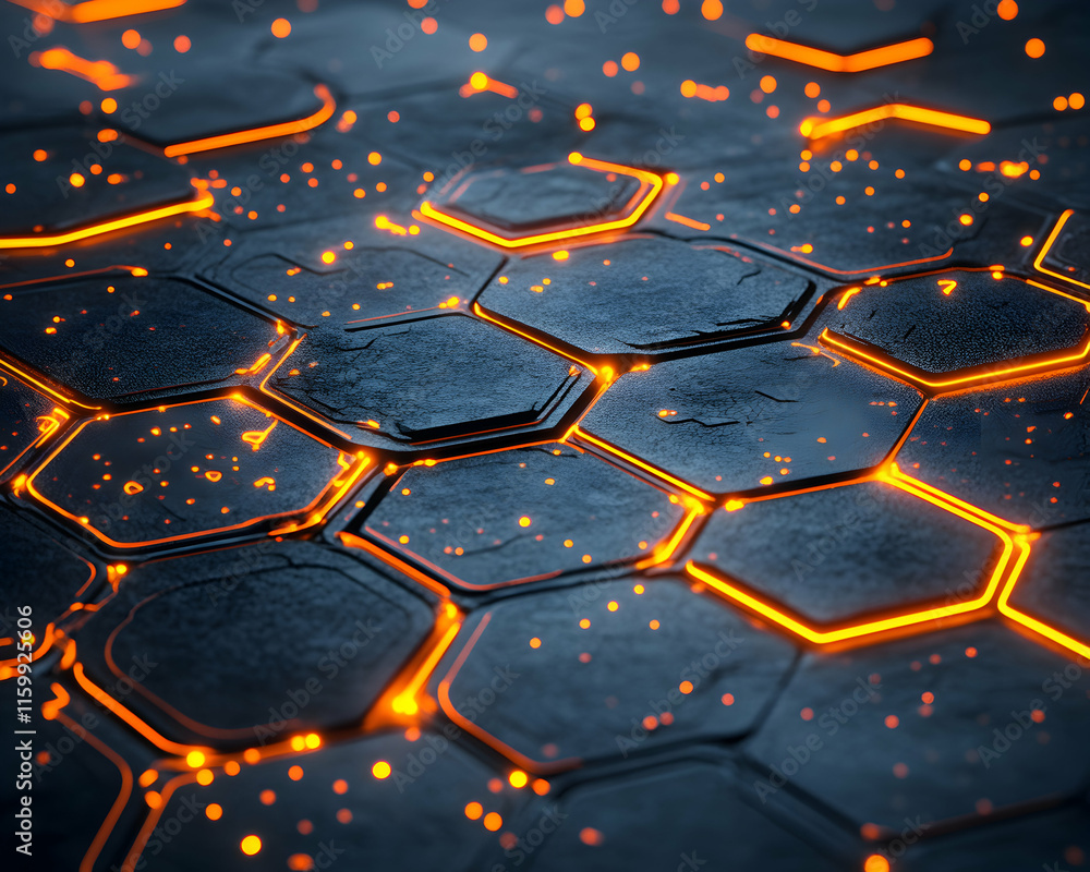 Poster abstract hexagonal grid with glowing orange lines, futuristic technology background.