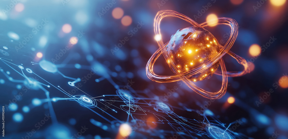 Poster a glowing atom surrounded by dynamic particles and network lines, representing atomic structure and 