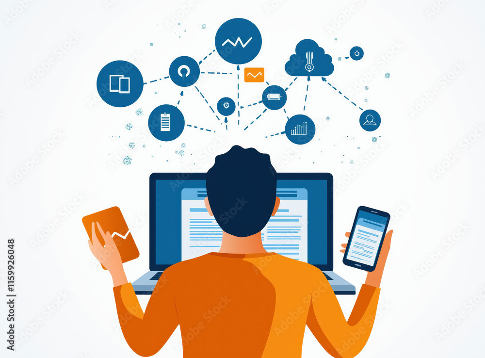 Poster a person using a laptop and mobile devices, surrounded by digital icons representing communication, 