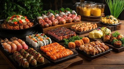 Abundant buffet table showcasing a variety of delicious sushi, grilled meats, and other gourmet dishes.