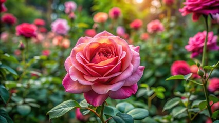 A beautiful rose flower with dark green leaves and stems in a garden setting surrounded by other flowers and trees , rose flower, botanical