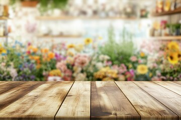 Empty wooden table with blurred flower shop background.