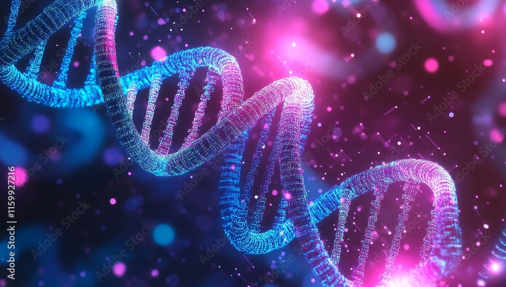 Poster glowing dna helix strand with particles.