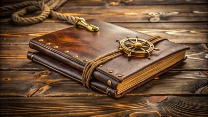 Old distressed leather-bound nautical logbook with golden hardware on a wooden table , sailing