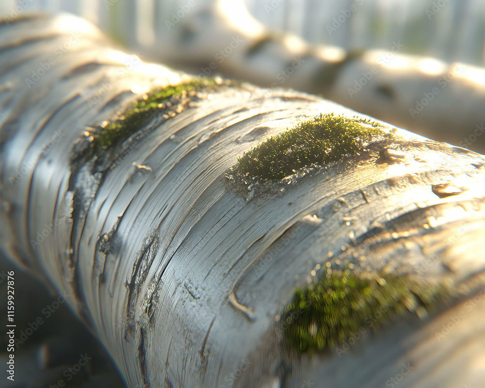 Poster close-up of birch tree bark texture with patches of moss, illuminated by soft sunlight. a nature pho