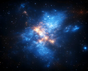 Naklejka premium Stunning cosmic nebula, vibrant blue and orange hues, glittering stars, deep space backdrop. Ideal for astronomy, science fiction, or fantasy projects.