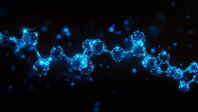 Abstract glowing blue molecule chain on black background.