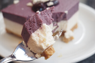 Delicious Purple and White Layered Cheesecake Slice with Fork