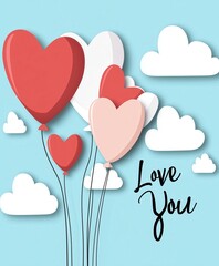 Heart-shaped balloons with 'Love You' text and whimsical white clouds on a pastel blue background