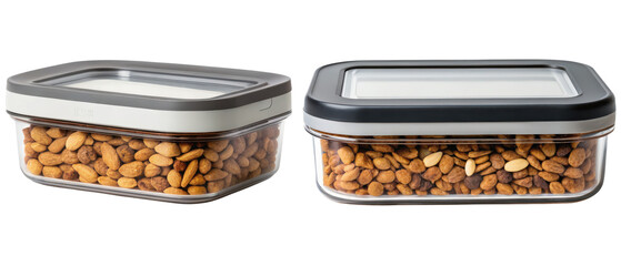 Two glass containers filled with nuts isolated with transparent background