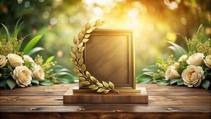 A golden golden anniversary award plaque displayed on a wooden desk with a beautiful floral background, surrounded by elegant greenery and subtle shadows , anniversary, golden