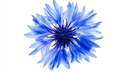 A close-up of a vivid blue cornflower with spiky petals and a dark center, isolated white background, minimalistic art style