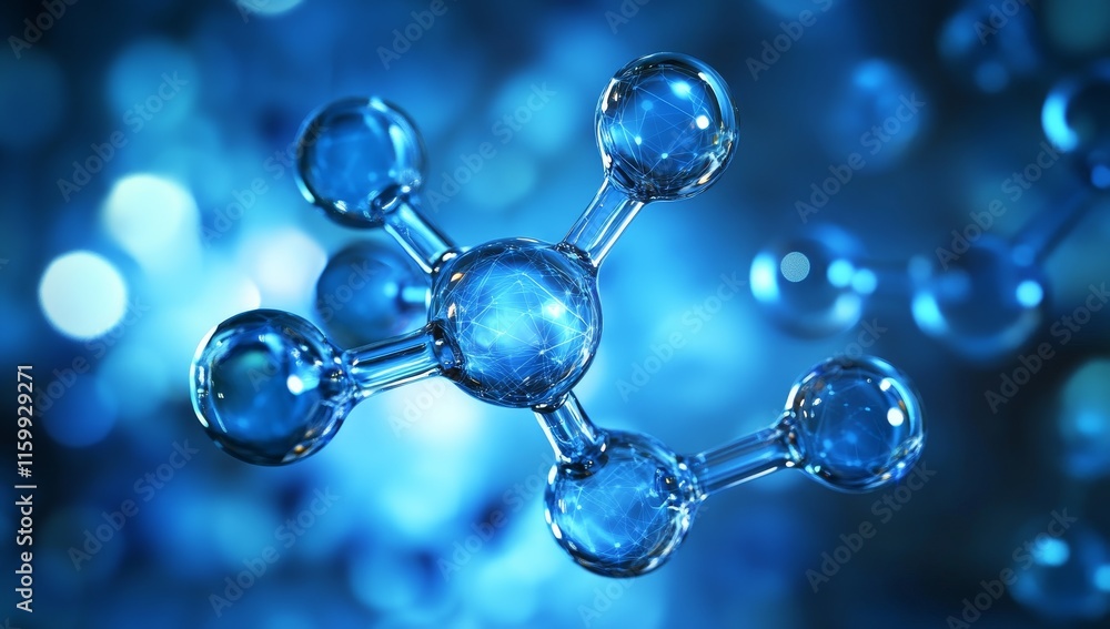 Poster abstract 3d rendering of a molecule structure with glowing blue spheres and bonds.