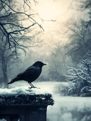 Fototapeta premium Solitary Black Bird Perched Amidst the Serene Winter Snowy Landscape : Generative AI