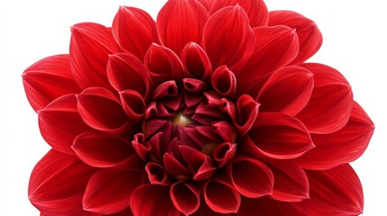 A close-up of a vivid red dahlia with its intricate, layered petals and rich color, isolated white background