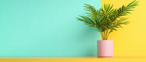 Fototapeta premium A vibrant indoor scene featuring a potted plant against a teal and yellow background, creating a fresh and modern aesthetic.