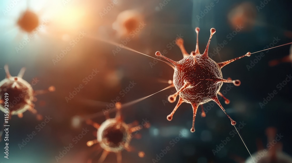 Poster Microscopic View of Virus Particles in Action, Capturing the Intricacies of Viral Structures and Their Interactions in a Scientific Environment for Research and Education