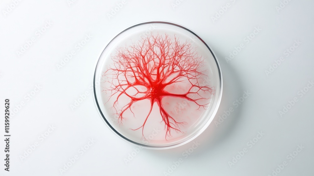 Poster abstract representation of red tree-like structure in petri dish on minimalist white background for 