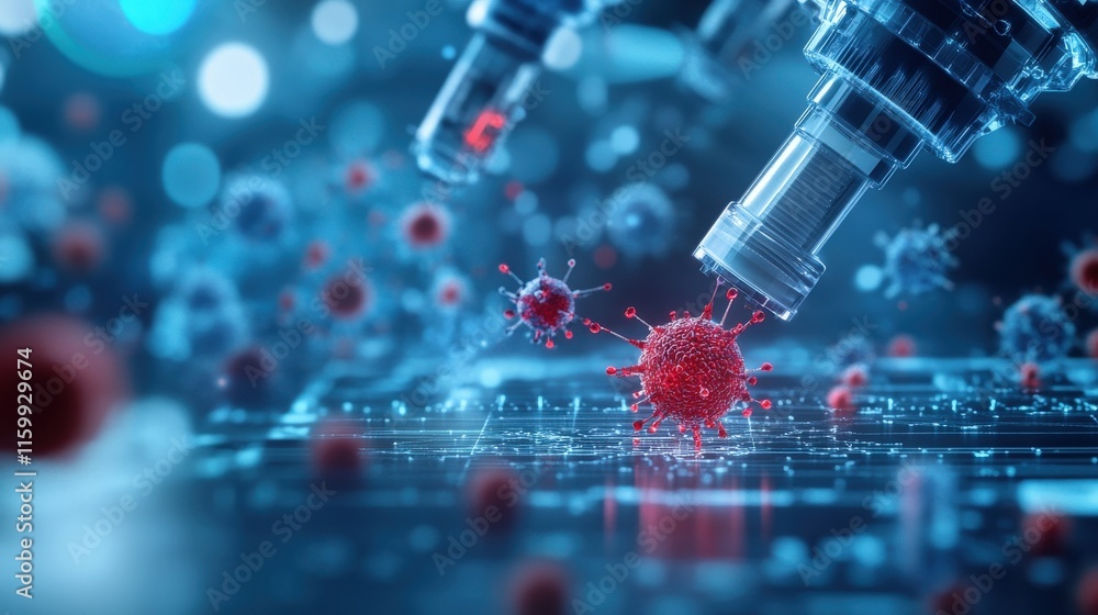 Poster Advanced Visualization of Virus with High-Tech Syringe Injecting Nanoparticles to Combat Infection in a Futuristic Biomedical Setting
