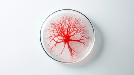 Abstract Representation of Red Tree-Like Structure in Petri Dish on Minimalist White Background for Scientific and Artistic Use