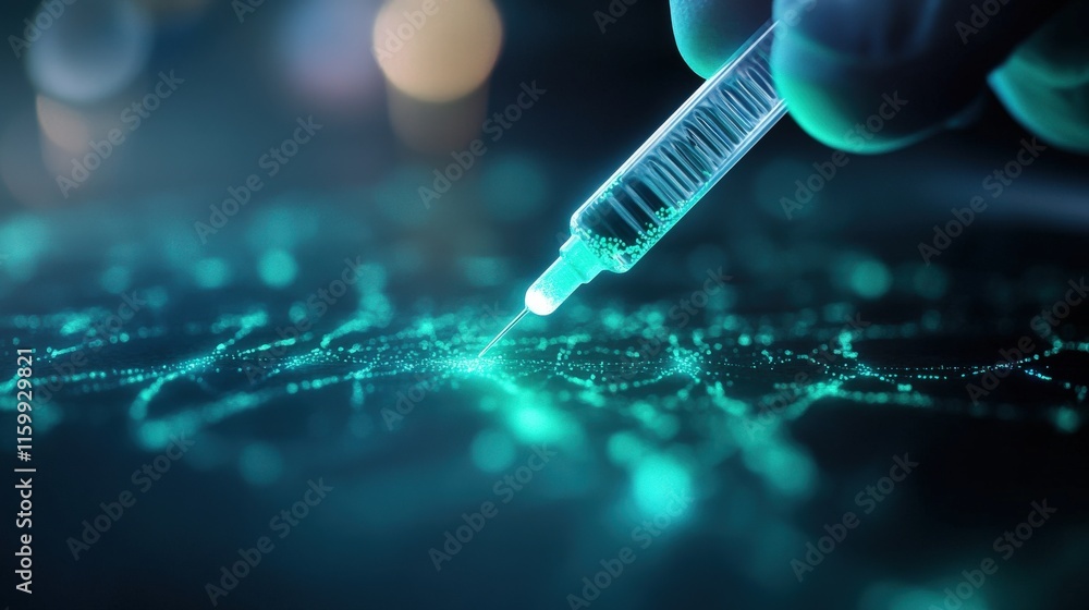 Poster close-up of a hand holding a syringe with a bright blue liquid injecting into a high-tech network ci