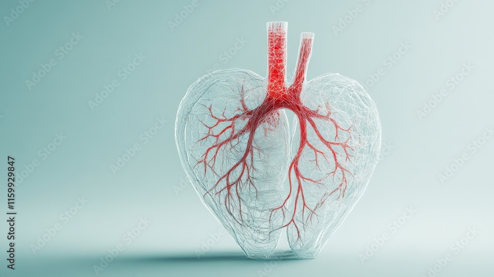 Poster abstract representation of a human heart with intricate red veins and arteries set against a soft bl