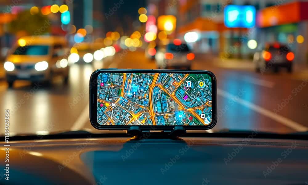 Poster a smartphone displaying a city map on a dashboard at night.