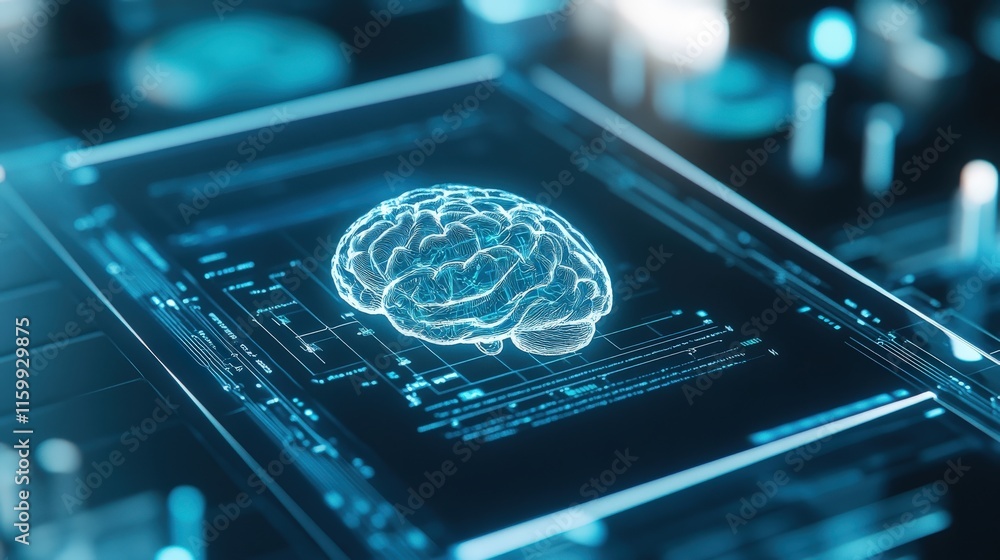 Poster Futuristic Digital Brain Visualization on Transparent Screen Integrating Technology, Data, and Neural Networks in Innovative Scientific Setting