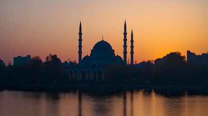 Fototapeta premium Majestic Mosque Silhouette Against a Vibrant Sunset Reflecting on Calm Waters : Generative AI