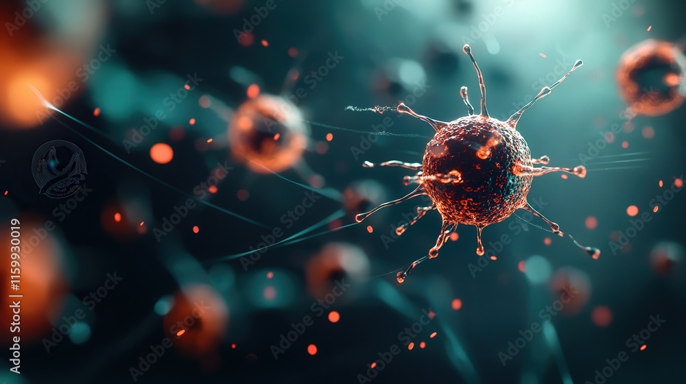 Poster Close-Up View of a Colorful Virus Under Microscope with Glowing Particles and Organic Structures in a Dark Background, Representing Infectious Disease Concepts