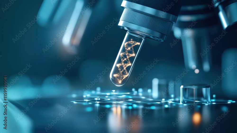 Poster close-up of a laboratory microscope examining a test tube containing a dna helix with bright blue li