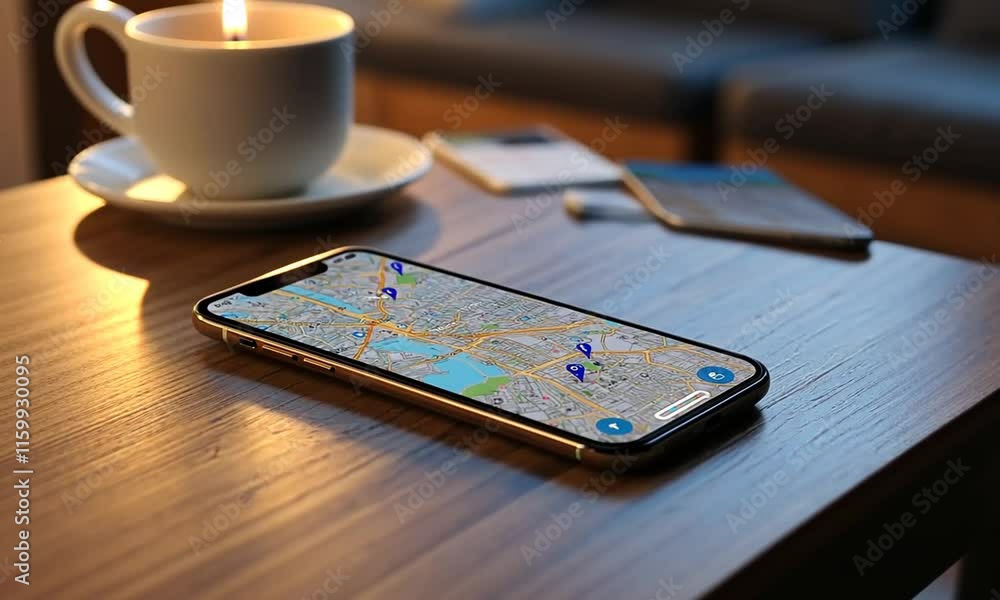 Poster a smartphone displaying a detailed map with location markers on a wooden table.