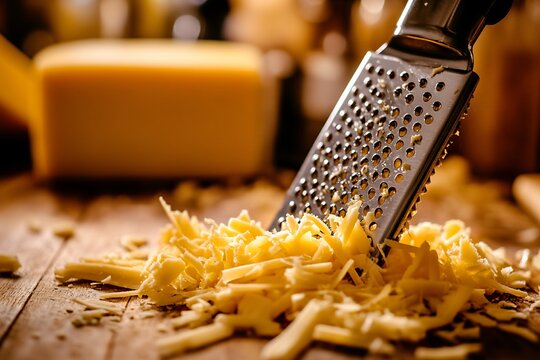 Cheese being grated with metal grater on wood.