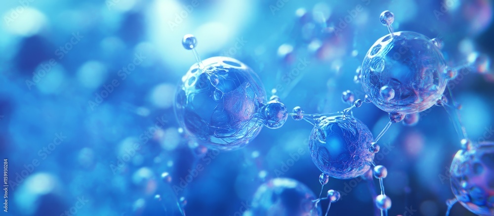 Poster abstract blue spheres connected by thin lines, representing molecular structures or network connecti
