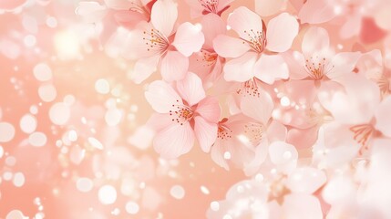 Fototapeta premium A cluster of delicate cherry blossoms in shades of soft pink, with slender petals fluttering like confetti, against a pale peach background reminiscent of a spring sunrise