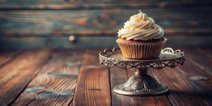 Vintage metal cupcake on ornate wooden table , table setting, vintage,  table setting, vintage, cupcake, dessert