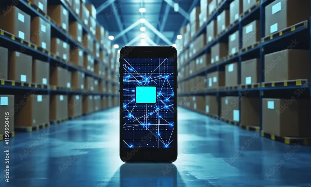 Poster a smartphone displaying a digital network in a warehouse setting.