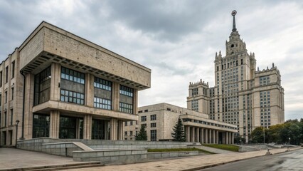 Fototapeta premium Soviet Era Architecture: A blend of imposing Brutalist structures and timeless classic designs, showcasing the austere yet monumental aesthetics of a distinct historical period.