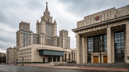 Naklejka premium Soviet Era Architecture: A blend of imposing Brutalist structures and timeless classic designs, showcasing the austere yet monumental aesthetics of a distinct historical period.
