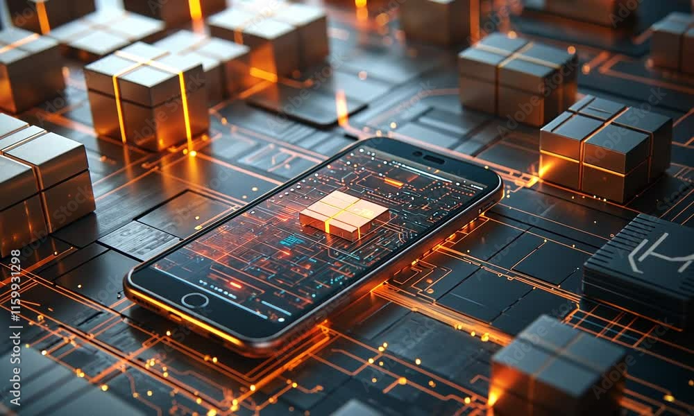 Poster a smartphone on a circuit-like surface with glowing cubes, symbolizing technology.