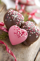 Chocolate Covered Heart Shaped Cake Pops with Colorful Sprinkles on Rustic Wood : Generative AI