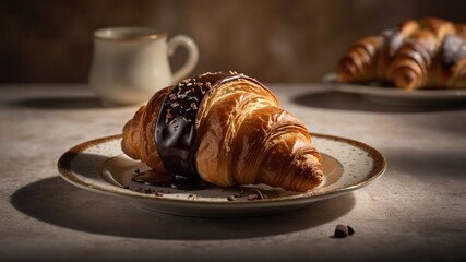 A croissant topped with chocolate and nuts, served on a plate with coffee in the background.