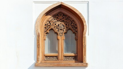 Fototapeta premium Ornate wooden window with intricate carvings on a white wall.