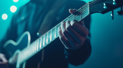 Close-Up Dynamic Shot of Hand Strumming Guitar Against Soft Blue Background With Shimmering Lights