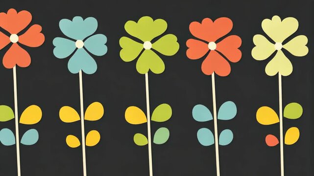 Colorful floral pattern featuring diverse flowers and leaves against a dark background